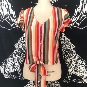 Rainbow Striped Ruffle Tie Front Cropped Urban Top